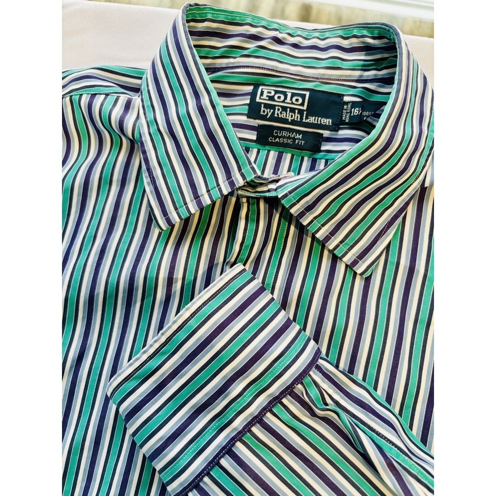 Men's Polo Ralph Lauren Curham Large 16 1/2 Blue Teal White Long Sleeve‎ Shirt